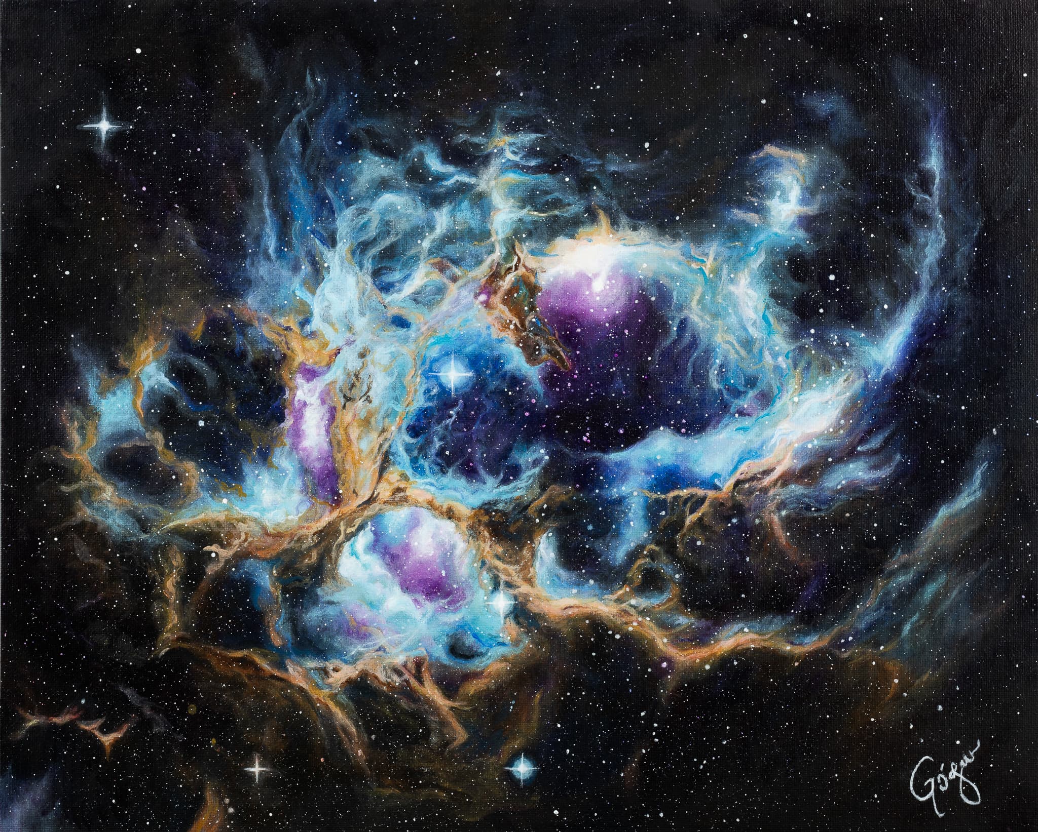Full view of Cosmic Winter Wonderland, a horizontal painting of blue-green nebular clouds against a dark star field.