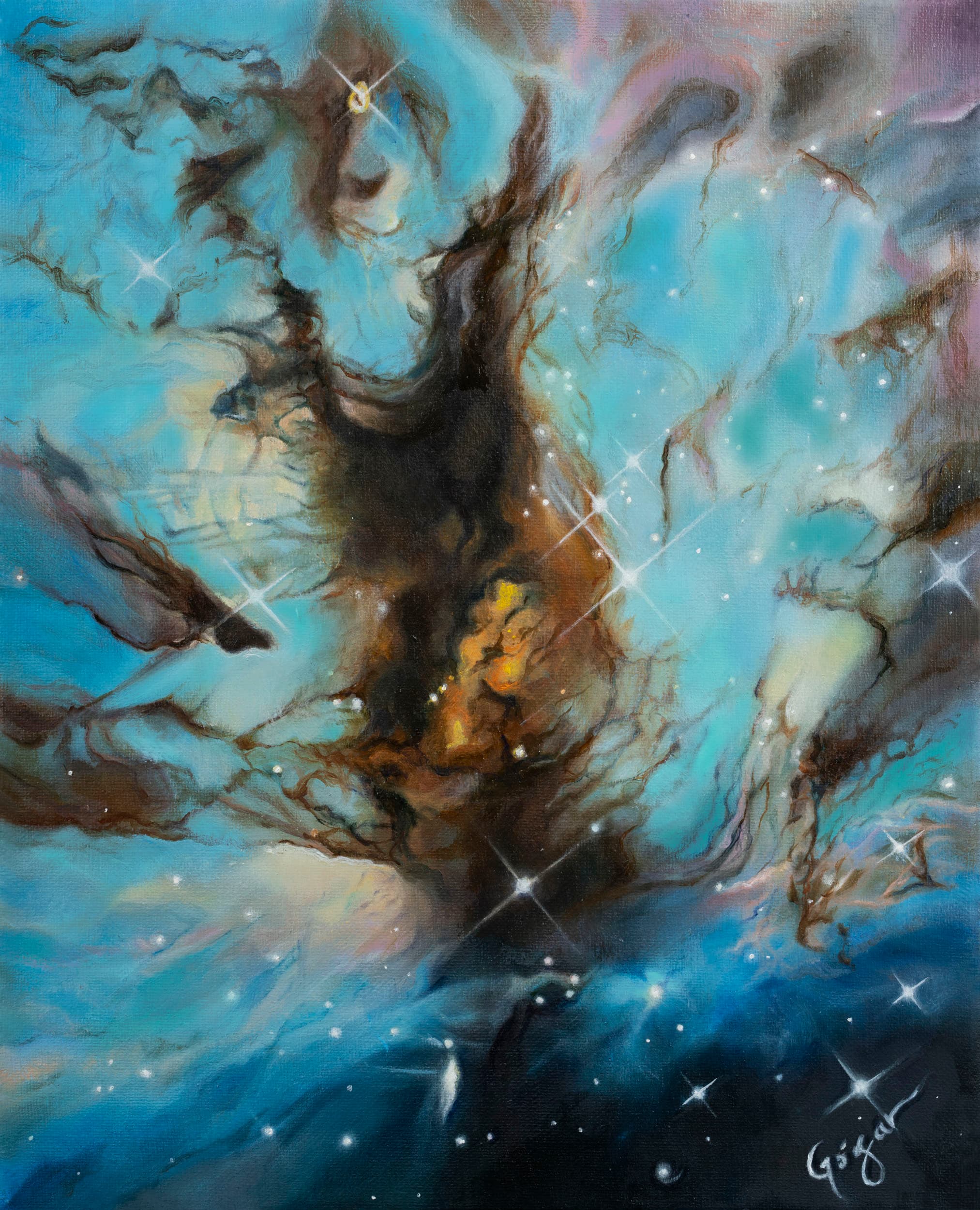 Full view of Flame Nebula, a vertical painting with a dark central formation surrounded by turquoise clouds and luminous stars.