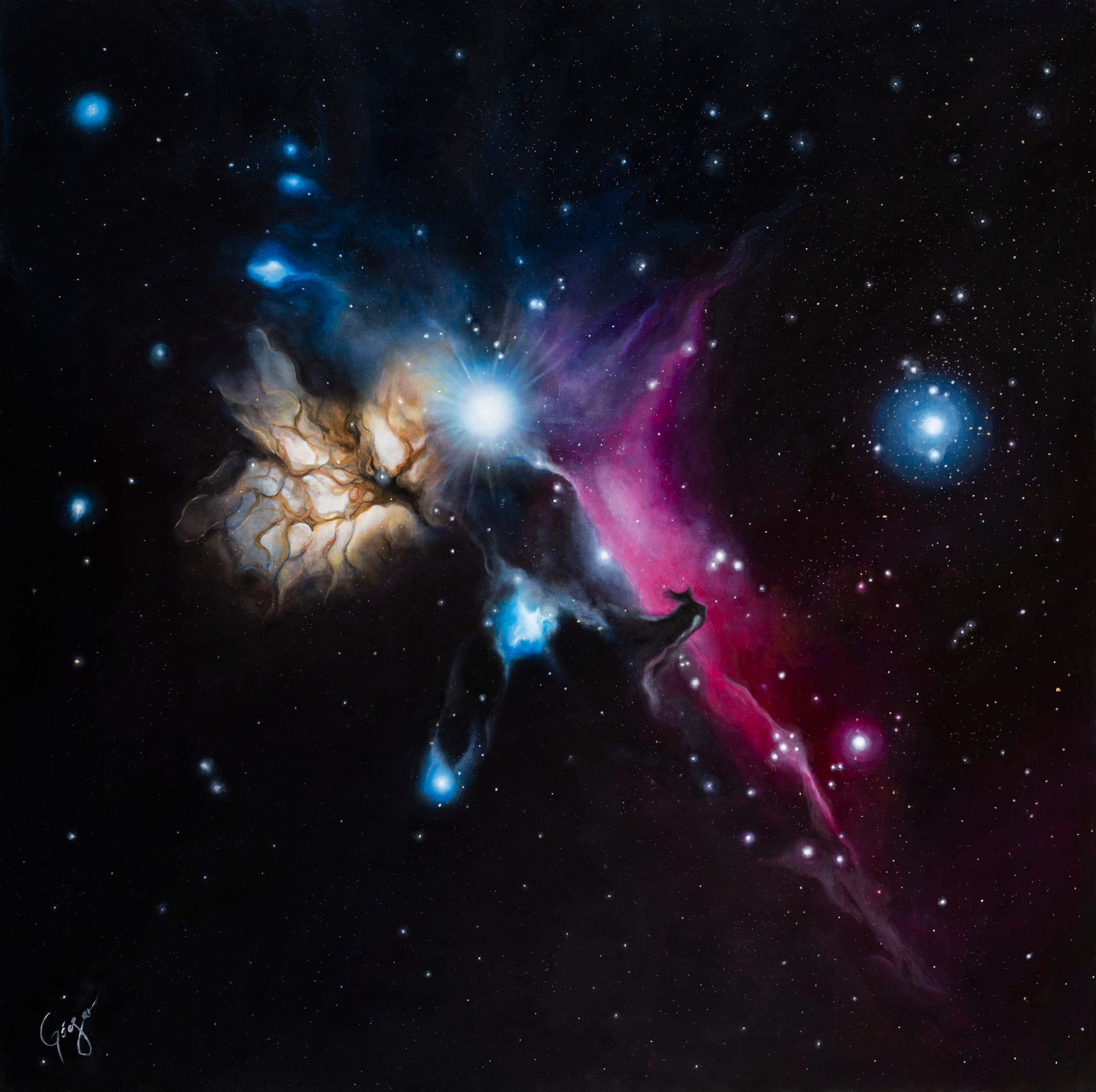 Full view of Horsehead and Flame Nebula, a square painting with golden forms at left and a vivid magenta nebula at right.