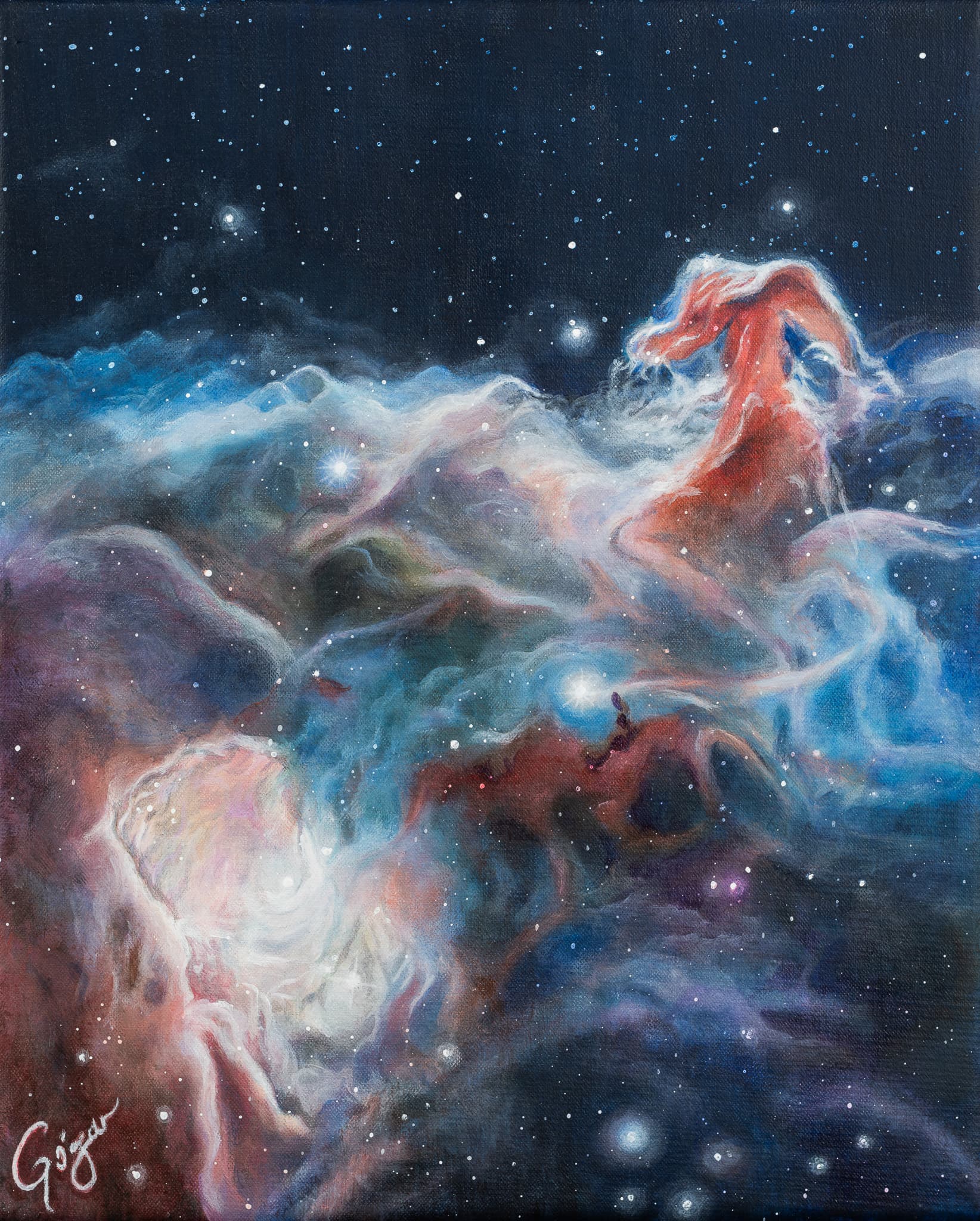 Full view of The Horsehead Nebula, a vertical painting with coral and pale blue nebular clouds beneath a dark star field.
