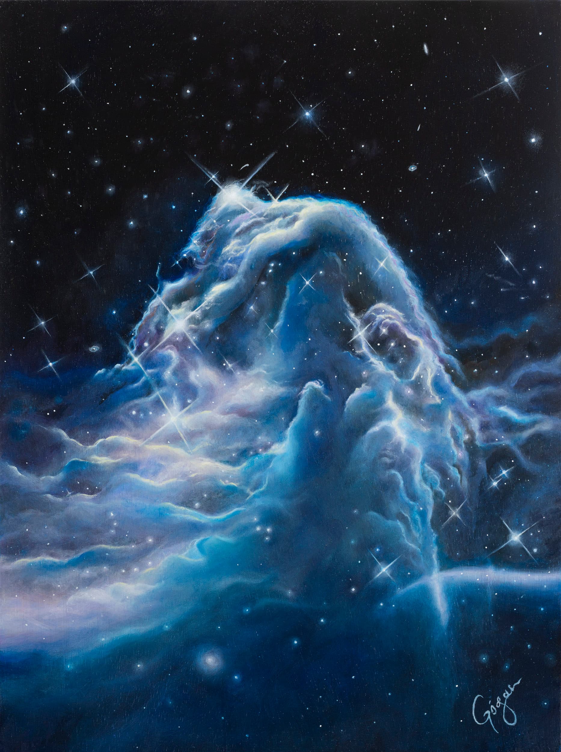 Full view of Horsehead Nebula in Blue, a vertical painting of a luminous blue nebular formation against a dark star field.