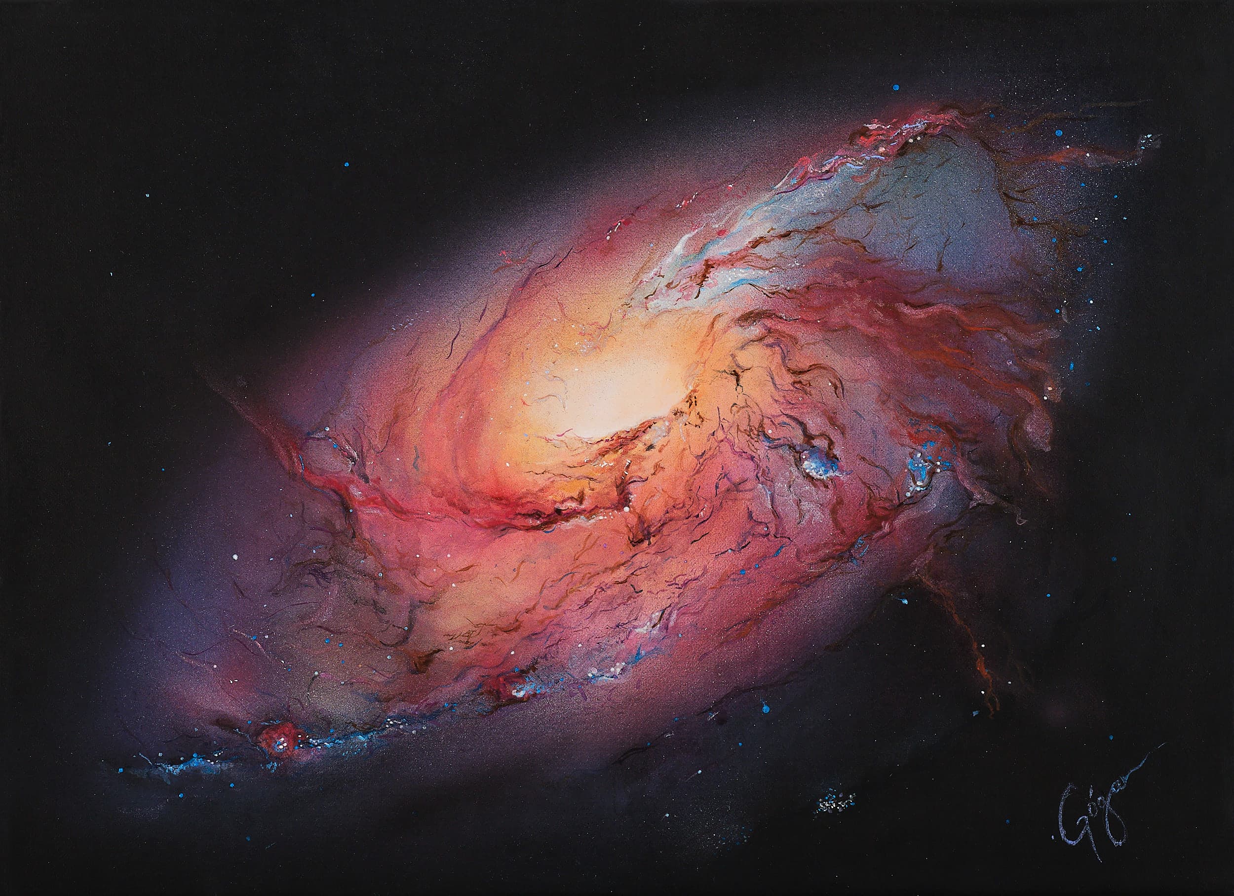 Full view of Spiral Galaxy M106, a horizontal painting of a pale spiral galaxy surrounded by blue and pink light.