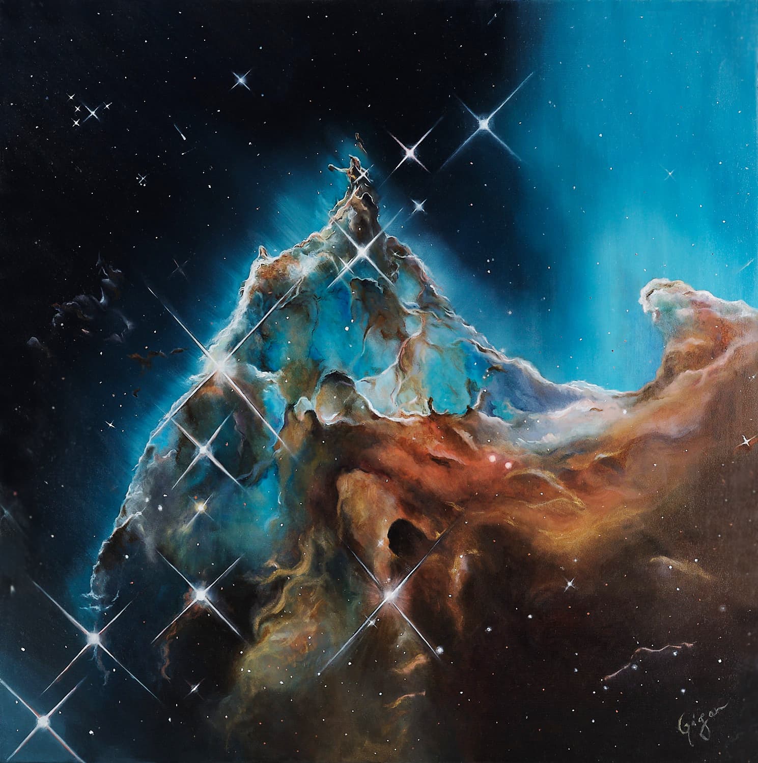 Full view of Monkey Head Nebula, a square painting with turquoise and brown nebular structures surrounded by luminous stars.