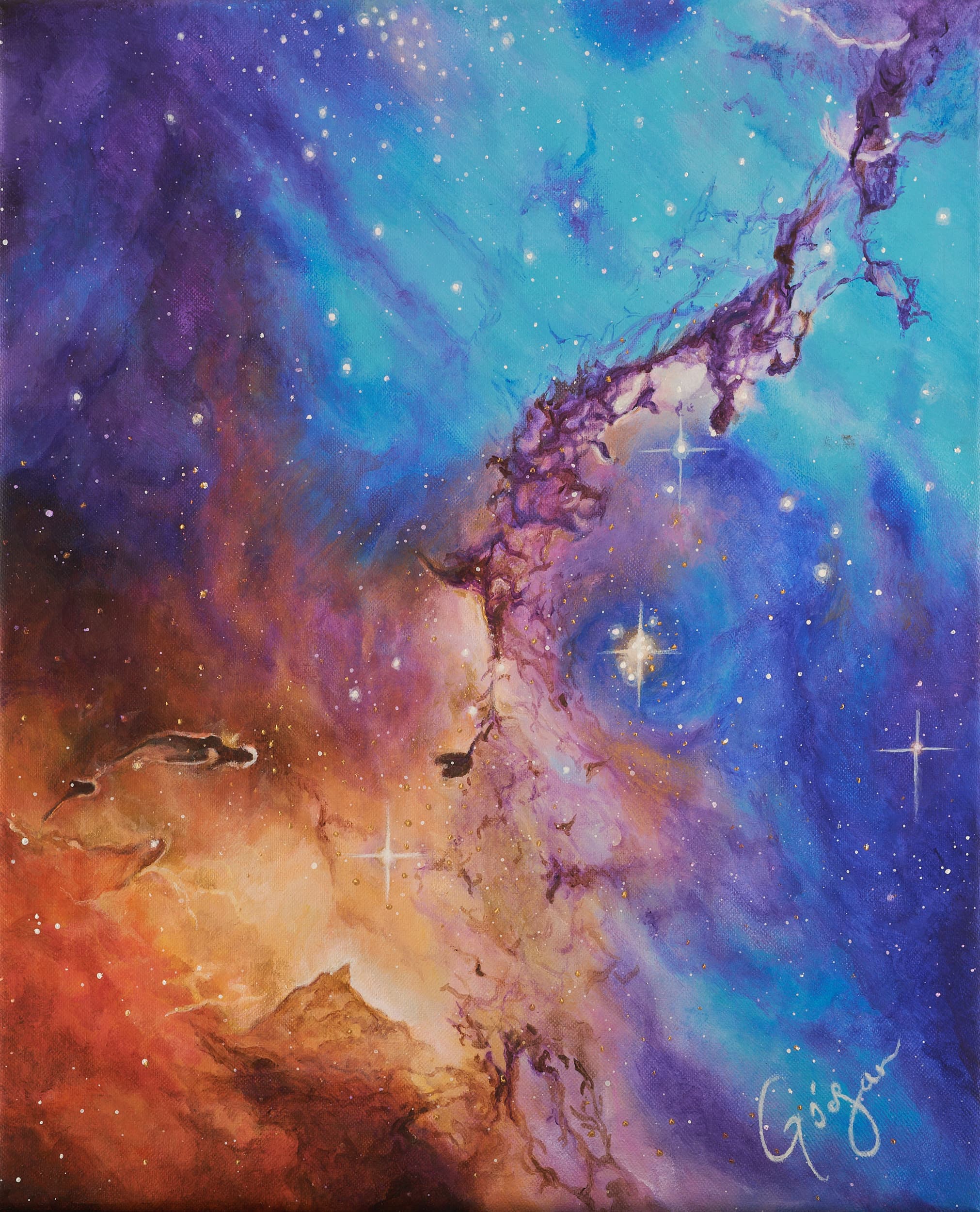 Full view of Star Clouds of the LMC, a vertical painting with turquoise, violet and orange clouds crossed by a dark nebular structure.