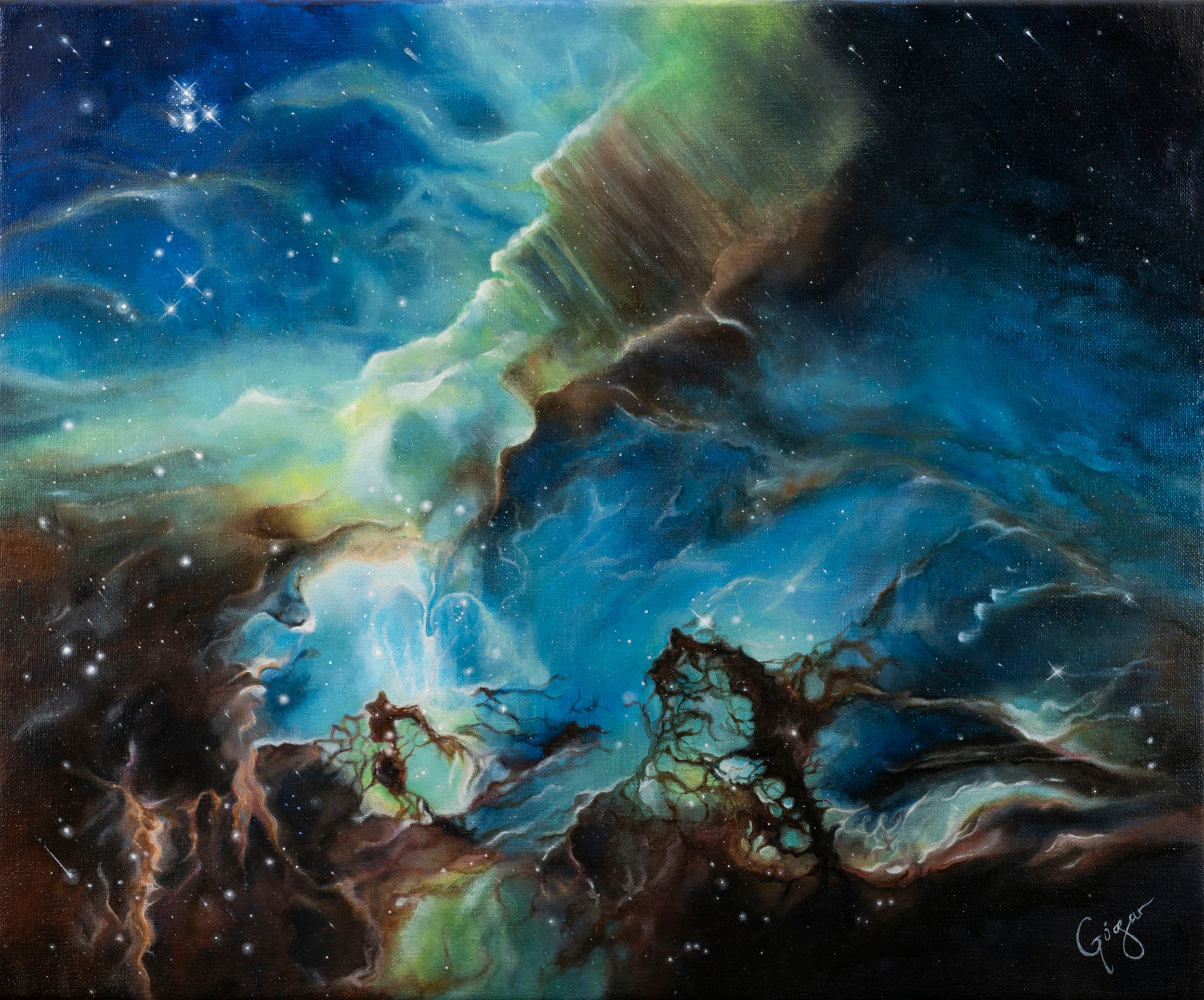 Full view of NGC 2074, a horizontal painting with blue-green clouds, dark branching formations and scattered stars.