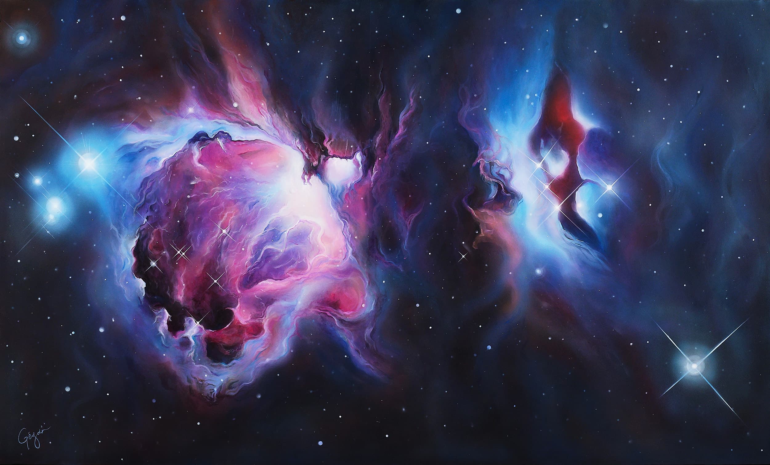 Full view of Orion Nebula, a wide horizontal painting with luminous pink and blue clouds separated by dark nebular forms.