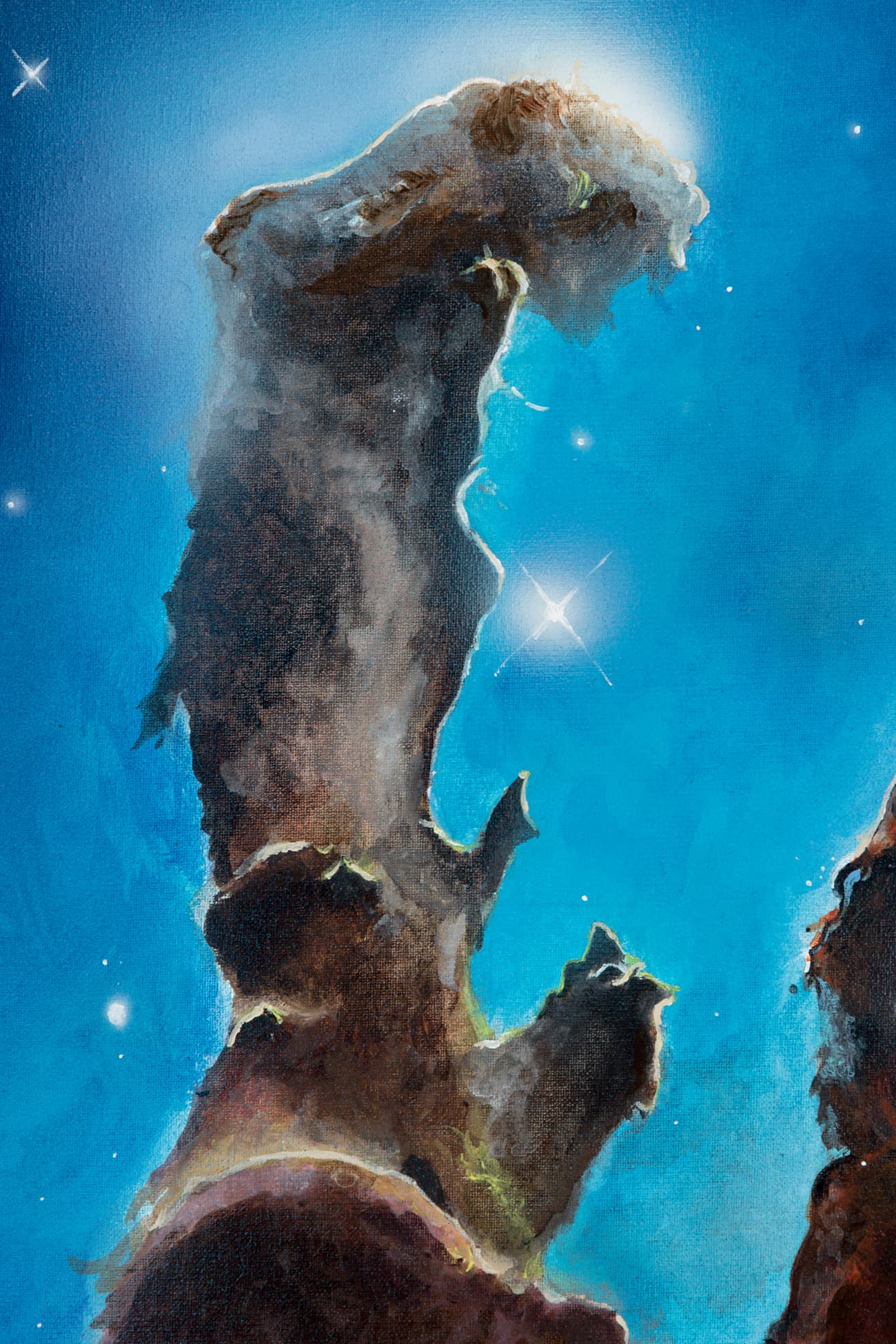 Close-up of the layered brown nebular structures and luminous blue background in Pillars of Creation.