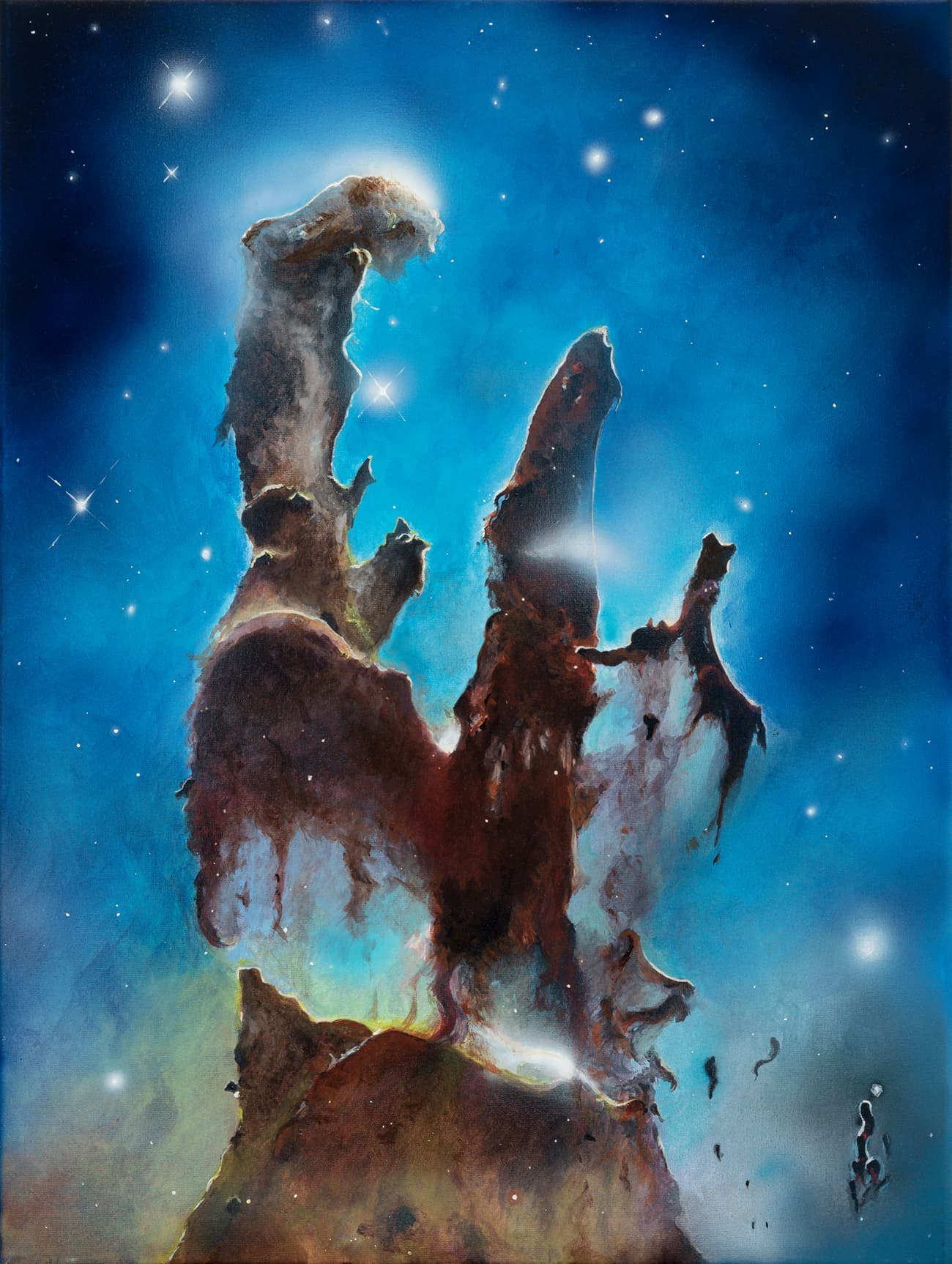 Full view of Pillars of Creation, a vertical painting with towering brown nebular columns against a luminous blue background.