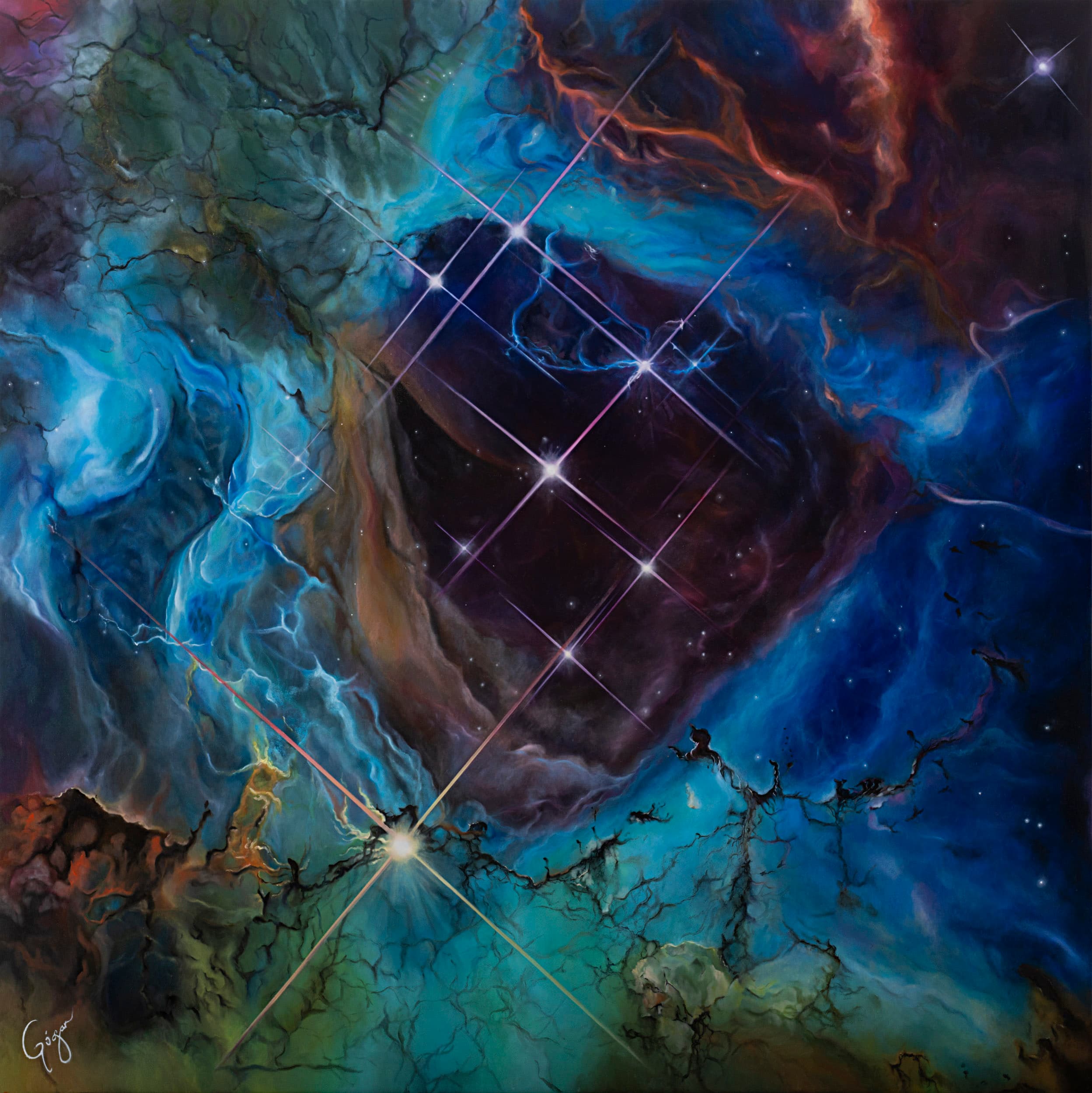 Full view of Rosette Nebula, a square painting with luminous pink clouds on the left and blue nebular forms on the right.