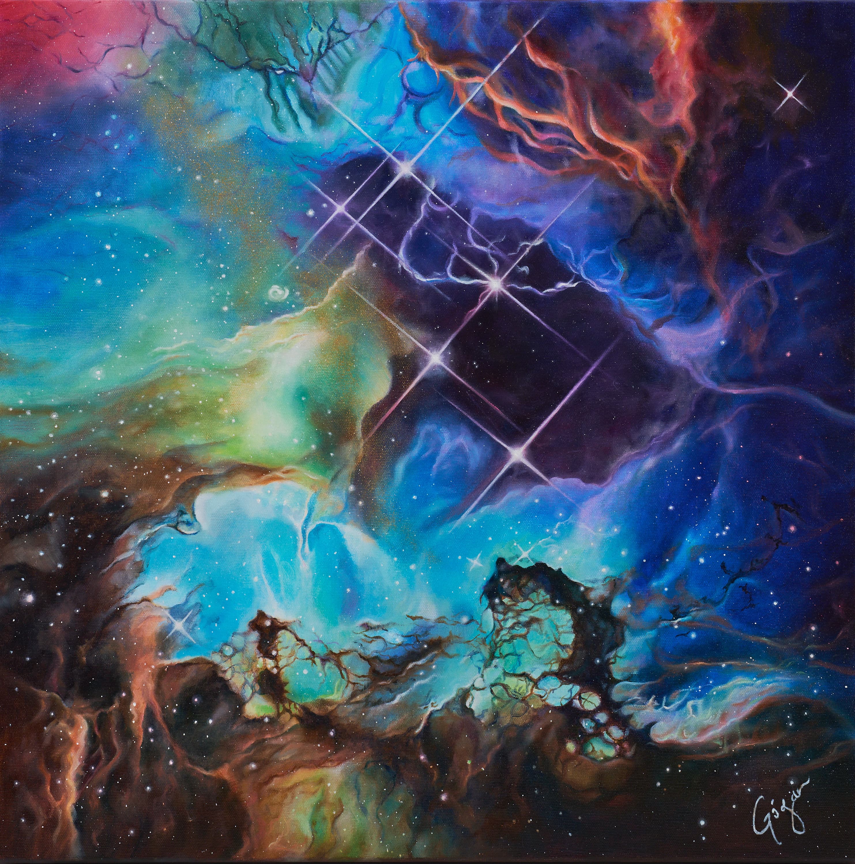 Full view of Rosette Nebula and NGC 2074, a square painting with turquoise, violet and blue clouds crossed by dark formations and bright stars.