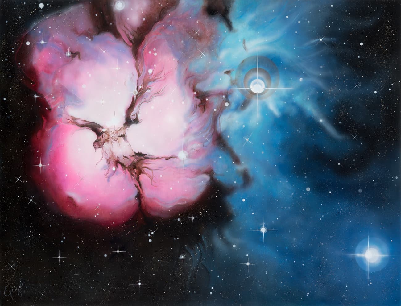 Full view of Trifid Nebula, a horizontal painting with luminous pink clouds at left and expansive blue forms at right.
